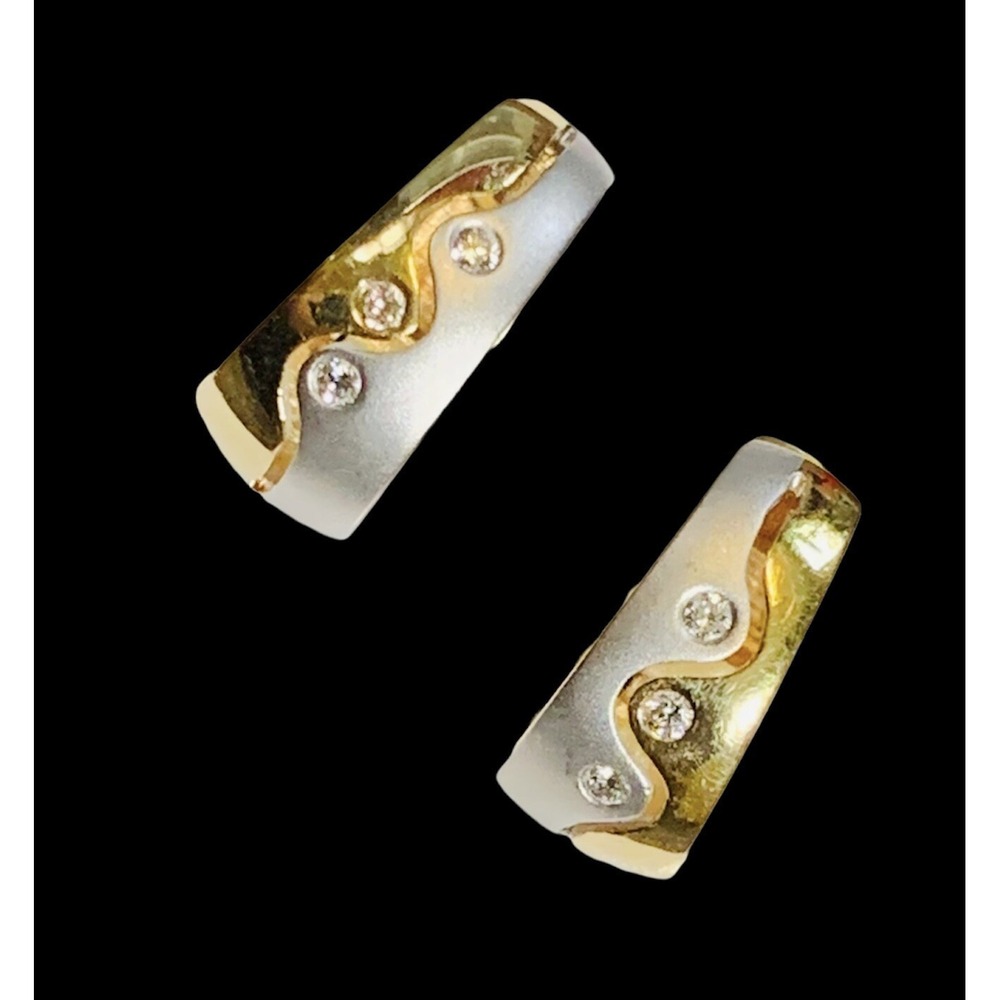 Vintage 14K Franz Breuning WG/YG Satin Finish Diamonds Hoop Earrings 5.3Grams - Picture 4 of 9